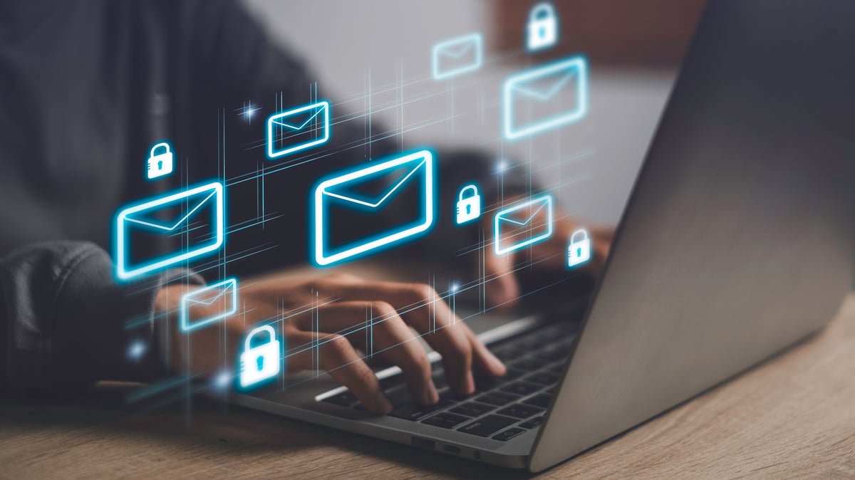 Email security and data protection concept with locked mail icons representing encrypted communication
